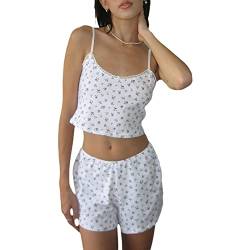 PDYLZWZY Damen Y2K Shorts Set Herzdruck Schlafanzug Set ärmellos V-Ausschnitt Cami Tops und Shorts Set Sommer Loungewear Streetwear (w-White, M) von PDYLZWZY