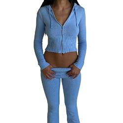 PDYLZWZY Damen Y2K Velour Full Zip Sweatsuits 2 Outfit Set Langarm Hoodie 2 Stück Sets Top & Rock Trainingsanzug (Blue set #1, S) von PDYLZWZY