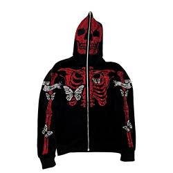 PDYLZWZY Damen Y2k Strass Skeleton Printed Hoodie Zip Up Oversized Gothic Sweatshirt Y2K E-Girl Hipster Jacke Streetwear von PDYLZWZY