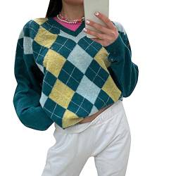 PDYLZWZY Damen Y2k Strickpullover Geometrisches Muster Beiläufige Langarm College Wind Strickpullover Pullover Strickwaren (z11, XL) von PDYLZWZY