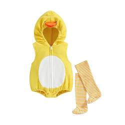 PDYLZWZY Halloween Kostüme Kleinkind Baby Junge Mädchen Tier Küken Strampler ärmellos Zip Up Hooded Cosplay Overall mit gestreiften Socken (Yellow, 12-18 Months) von PDYLZWZY