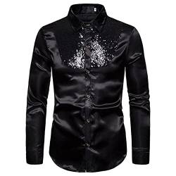 PDYLZWZY Herren Glänzende Pailletten Design Seide wie Satin Button Up Disco Party Kleid Hemden Langarm Slim Fit Prom Hemden Kostüm (Black, XL) von PDYLZWZY