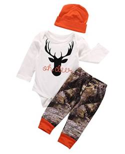 PDYLZWZY Kleinkind Baby Jungen Mädchen Langarm Hirsch Strampler Hose Hut Outfits 3PCs Neugeborenes Baby Hirsch Outfit Jagd Baby Junge Dusche Kleinkind Kleidung Hose Set (Orange, 0-3 Months) von PDYLZWZY