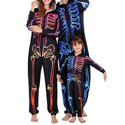 PDYLZWZY Matching Halloween Pyjamas für Familie Langarm Zipper 3D Schädel Skelett gedruckt Hoodie Onesies Loungewear Familie Pjs Sleepwear (Mom, Black, M) von PDYLZWZY