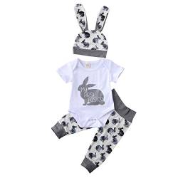 PDYLZWZY Meine erste Ostern Outfit Säugling Baby Junge Lange Ärmel Brief drucken Strampler Hase Hose mit Hut Ostern Kleidung Sets (Grau, 0-3 Monate) von PDYLZWZY