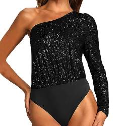 PDYLZWZY One-Shoulder-Pailletten-Body für Damen Einteiliger Body mit glitzerndem Glitzer und langen Ärmeln mit transparentem Mesh-Tanga (Black, M) von PDYLZWZY