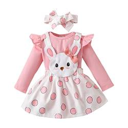 PDYLZWZY Oster-Outfit für Neugeborene, Mädchen, langärmelig, Rüschen-Strampleroberteil + Häschenmuster, Rüschen, Hosenträgerkleid mit Stirnband, Häschen-Outfit (Pink, 0-3 Months) von PDYLZWZY