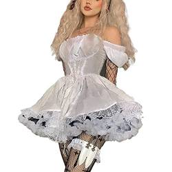 PDYLZWZY Schwarz Gothic Lolita Weißes Spitzenkleid Langarm Lace-up Goth Schulterfrei Midikleider für Frauen Cosplay Party Prom (Weiß, L) von PDYLZWZY