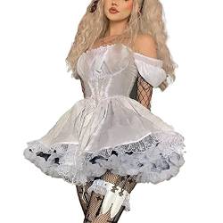 PDYLZWZY Schwarz Gothic Lolita Weißes Spitzenkleid Langarm Lace-up Goth Schulterfrei Midikleider für Frauen Cosplay Party Prom (Weiß, M) von PDYLZWZY