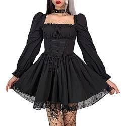 PDYLZWZY Schwarz Gothic Lolita Weißes Spitzenkleid Langarm Lace-up Goth Schulterfrei Midikleider für Frauen Cosplay Party Prom (z1, L) von PDYLZWZY