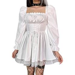 PDYLZWZY Schwarz Gothic Lolita Weißes Spitzenkleid Langarm Lace-up Goth Schulterfrei Midikleider für Frauen Cosplay Party Prom (z2, M) von PDYLZWZY
