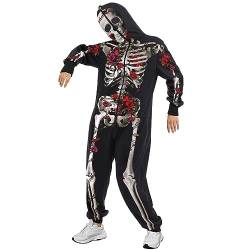 PDYLZWZY Skelett Halloween Kostüm für Erwachsene - Unisex Overall Plüsch Schlafanzug Onesie, gemütlicher Einteiler Cosplay Kostüme für Männer (1, M) von PDYLZWZY