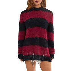 PDYLZWZY Unisex Damen übergroßer Streifen -Langarmpullover Riss übergroßer Pullover Gothic Harajuku Loser Strickpullover -Jumper -Tops (Red, Einheitsgröße) von PDYLZWZY