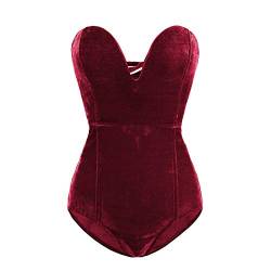 PDYLZWZY Vintage-Body aus Samt für Damen Tiefer V-trägerloser sexy Cross-Back-Bodysuit-Overall, Halloween-Bodysuit, Tube-Top-Trikot (Wine Red, XL) von PDYLZWZY