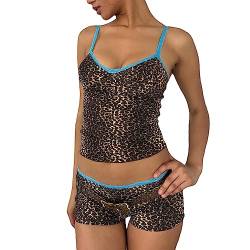 PDYLZWZY Y2K-Shorts-Set für Damen, Spitzenbesatz, Pyjama-Set, Bauchfreies Cami-Top, figurbetonte Shorts, Lounge-Sommer-2-teiliges Outfit-Set (Leopard Print, S) von PDYLZWZY