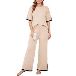 PDYLZWZY Zweiteilige Strick-Outfits für Damen Kurzärmeliges Crop Top Weite Hosenbeine Strick-Sweatdress Loungewear Jogginganzug Set (Apricot, L) von PDYLZWZY