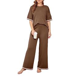 PDYLZWZY Zweiteilige Strick-Outfits für Damen Kurzärmeliges Crop Top Weite Hosenbeine Strick-Sweatdress Loungewear Jogginganzug Set (Brown, L) von PDYLZWZY
