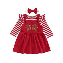 Säugling Baby Mädchen Weihnachten Outfit Lange Ärmel Gestreift Rundhalsausschnitt Rüschen Strampler + Lebkuchenmann Besticktes Lätzchen Kleid Strapsen Rock (Red, 0-6 Months) von PDYLZWZY