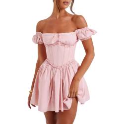 Women's Off Shoulder Puff Short Sleeve Ruffle High Waist Summer Mini Dress Backless Corset A-Line Dress Y2K Streetwear (Pink, M) von PDYLZWZY