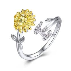 PEARLOVE 925 Sterling Silber Mädchen Buchstabe Ring, Damen Sonnenschein Sonnenblume CZ Ring mit Buchstaben A-Z Offene Ring Verstellbar Größe 6-12 von PEARLOVE