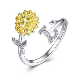 PEARLOVE 925 Sterling Silber Mädchen Buchstabe Ring, Damen Sonnenschein Sonnenblume CZ Ring mit Buchstaben A-Z Offene Ring Verstellbar Größe 6-12 von PEARLOVE