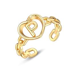 PEARLOVE Ring Damen 925 Sterling Silber Verstellbarer Initiale Ring Stapelbar 18K vergoldet A-Z Offener Buchstaben Gold Ringe von PEARLOVE