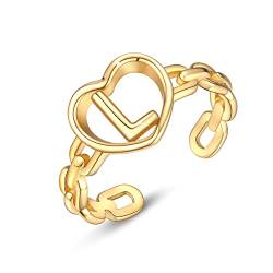 PEARLOVE Ring Damen 925 Sterling Silber Verstellbarer Initiale Ring Stapelbar 18K vergoldet A-Z Offener Buchstaben Gold Ringe von PEARLOVE