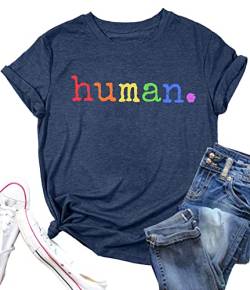 Pride Shirts für Frauen Menschliches LGBT T-Shirt Regenbogen Grafik Tee Shirt LGBTQ Equality Bluse Tops, dunkelblau, Groß von PECHAR