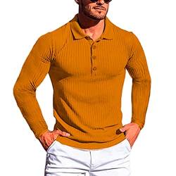 Herren Stretch Workout Muskel Poloshirts mit Langen Ärmeln Reversknopf schmaler Strick lässiges Golf T-Shirt Polo Shirts Baumwolle Oberteile schmale Passform einfarbig Basic Sport Polo Shirts von PECHEMO