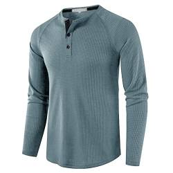 Lässiges Elegantes kragenloses Henley-Hemd für Herren schmales Oberteil leichtes bequemes Rundhals-Langarm-T-Shirt einfarbiges langärmliges Waffel Henley T-Shirt Rundhalsknopf Top von PECHEMO