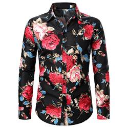 PECHEMO Herren-Hemd mit Blumenmuster Langarm ausgefallener Rosen-Blumendruck lässige Button-Down-Hemden Herren-Hipster Rosendruck Slim Fit Langarm Hemden/Abschlussball Party-Hemden S-XXL von PECHEMO