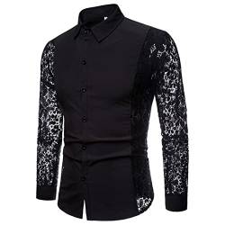 PECHEMO Herren Schwarzes Spitzenhemd Herbst Slim Fit Langarmhemden Abschlussball Ehehemd Nachtclubhemden, Arm Volle Spitze Durchsichtig Floral Einfarbig Modedesign Langarm Reversknopfbluse von PECHEMO