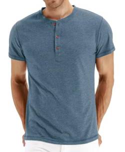 PEGENO Classic Herren Henley T-Shirt Passform Trendigem Lässigem Kurzarm Henley Kragen T-Shirt,C02 VG-Blau Large von PEGENO