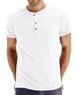 PEGENO Classic Herren Henley T-Shirt Passform Trendigem Lässigem Kurzarm Henley Kragen T-Shirt,C04 Weiß Large von PEGENO