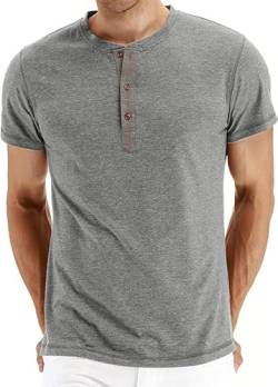 PEGENO Classic Herren Henley T-Shirt Passform Trendigem Lässigem Kurzarm Henley Kragen T-Shirt,C07 Grau Large von PEGENO