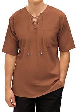 PEGENO Herren-T-Shirt aus Baumwollleinen, lockeres T-Shirt mit V-Ausschnitt, braun, Groß von PEGENO