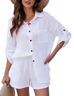 PEHMEA 2-teilige Outfits für Frauen Baumwolle Leinen Lounge Sets Button-Down-Shirt Top und lose lässige Shorts, Weiss/opulenter Garten, XL von PEHMEA