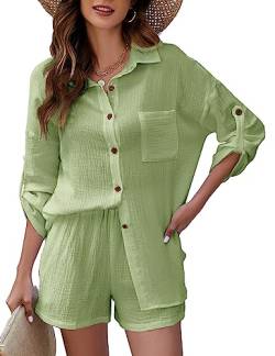 PEHMEA 2-teilige Outfits für Frauen Baumwolle Leinen Lounge Sets Button-Down-Shirt Top und lose lässige Shorts, hellgrün, S von PEHMEA