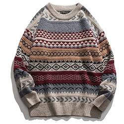PEHMEA Herren Vintage Streifen Pullover Oversized Rundhalsausschnitt Langarm Strickpullover Pullover, Weinrot, Groß von PEHMEA