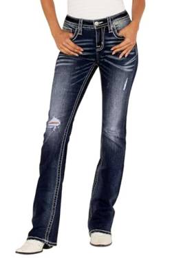 PEIHOT Damen-Jeans, hohe Taille, Blumenstickerei, zierliche Hose, zerrissener Bootcut, Staright-Bein, Denim-Hose, 608-Dunkelblau, M von PEIHOT