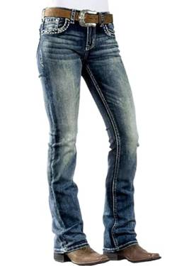 PEIHOT Damen Jeans 90er Vintage Bootcut Jeans High Stretch Mid Rise Straight Leg Ripped Jeans Boot Cut Pull On Denim Pants, 201-Cyan, Blau, Groß von PEIHOT