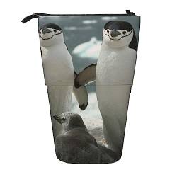 Antarktis Pinguin Eltern und Küken Federmäppchen Teleskop Make-up Tasche Pop Up Büro Organizer Box Stehender Stifthalter Kosmetiktasche mit Reißverschluss, Schwarz , Einheitsgröße, Münzbeutel von PEIXEN