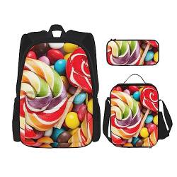 Bunte Swirl Lollipops Süßigkeiten Rucksack Personalisierte Reisetasche Mit Mittagessen Tasche Federmäppchen Set von 3 Stück, Schwarz , Einheitsgröße, Daypack Rucksäcke von PEIXEN