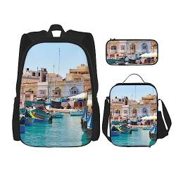 Coastal of Malta Rucksack Personalisierte Reisetasche mit Lunchtasche Federmäppchen Set von 3 Stück, Schwarz , Einheitsgröße, Daypack Rucksäcke von PEIXEN