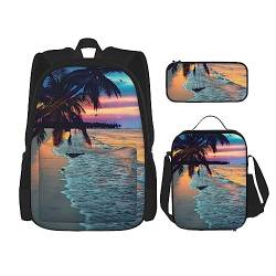 Kokosnuss Strand Sonnenuntergang Hängematte Rucksack Personalisierte Reisetasche Mit Mittagessen Tasche Federmäppchen Set von 3 Stück, Schwarz , Einheitsgröße, Daypack Rucksäcke von PEIXEN