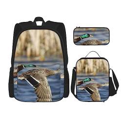 Mallard Ducks Rucksack personalisiert Reisetasche mit Lunchtasche Federmäppchen Set von 3 Stück, Schwarz , Einheitsgröße, Daypack Rucksäcke von PEIXEN