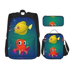 Marine Sea Life Rucksack Personalisierte Reisetasche Mit Mittagessen Tasche Federmäppchen Set von 3 Stück, Schwarz , Einheitsgröße, Daypack Rucksäcke von PEIXEN