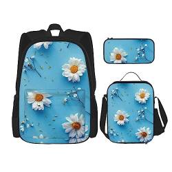 Niedlicher Gänseblümchen-Rucksack, personalisierte Reisetasche mit Lunch-Tasche, Federmäppchen, 3-teiliges Set, Schwarz , Einheitsgröße, Daypack Rucksäcke von PEIXEN