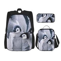 Niedlicher Pinguin-Rucksack, personalisierbar, Reisetasche mit Lunch-Tasche, Federmäppchen, 3-teiliges Set, Schwarz , Einheitsgröße, Daypack Rucksäcke von PEIXEN