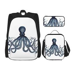 Ocean Sea Octopus Rucksack Personalisierte Reisetasche Mit Mittagessen Tasche Federmäppchen Set von 3 Stück, Schwarz , Einheitsgröße, Daypack Rucksäcke von PEIXEN